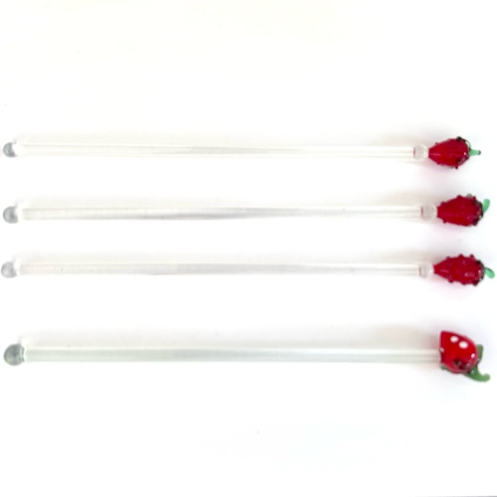 Glass Swizzle Stir Sticks Lot Of 4 Strawberries Hand Blown Art Strawberry